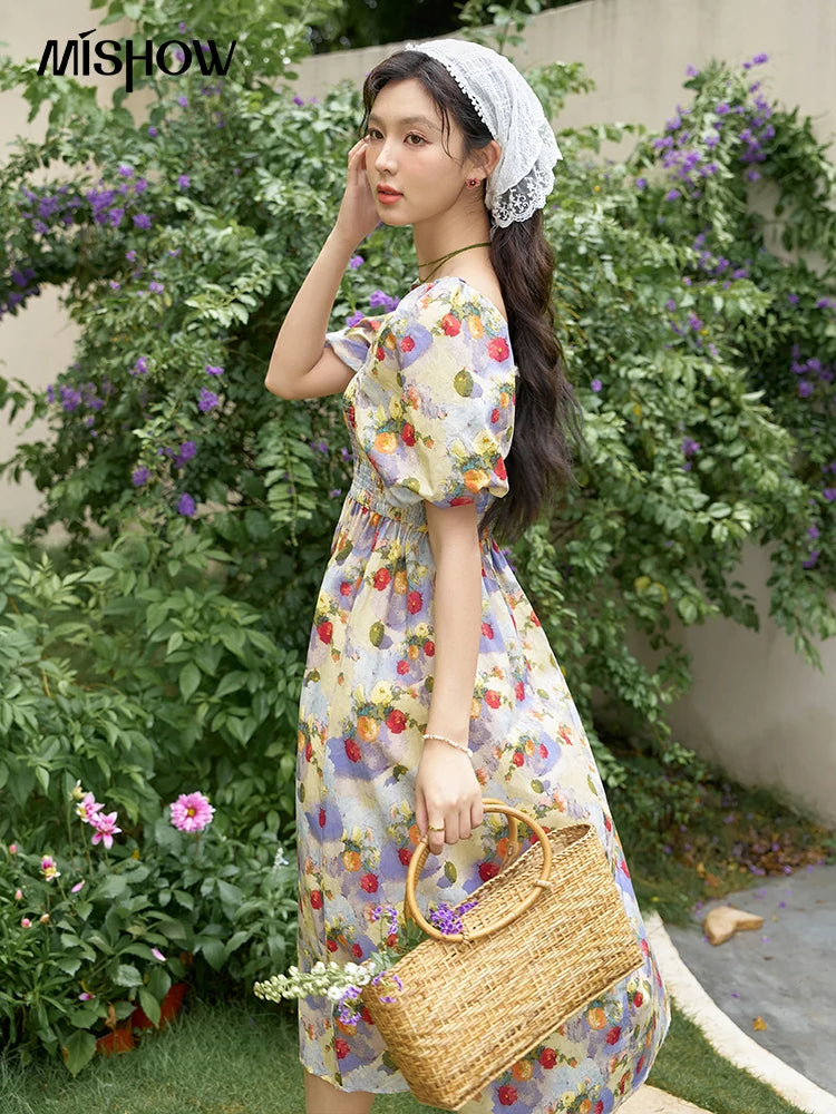 MISHOW Floral Smocked Midi Dresses for Women 2025 Summer Puff Short Sleeve Beach Vacation Beach French Retro Dress MXD24L1905
