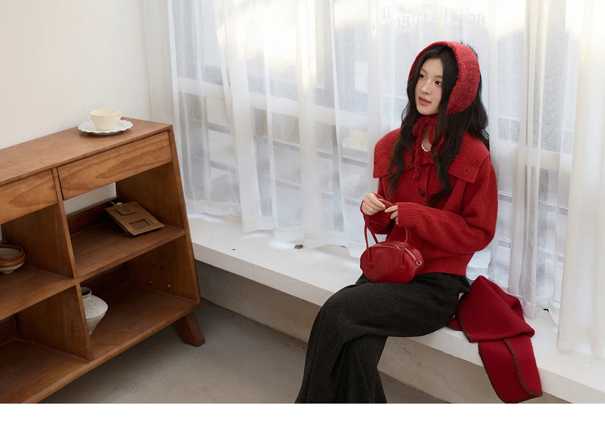 MISHOW Women's Retro Red Bull Horn Button Sweater 2025 Winter Arctic Velvet Warm Knitted Sweater Excluding Headscarf MXE90Z2819