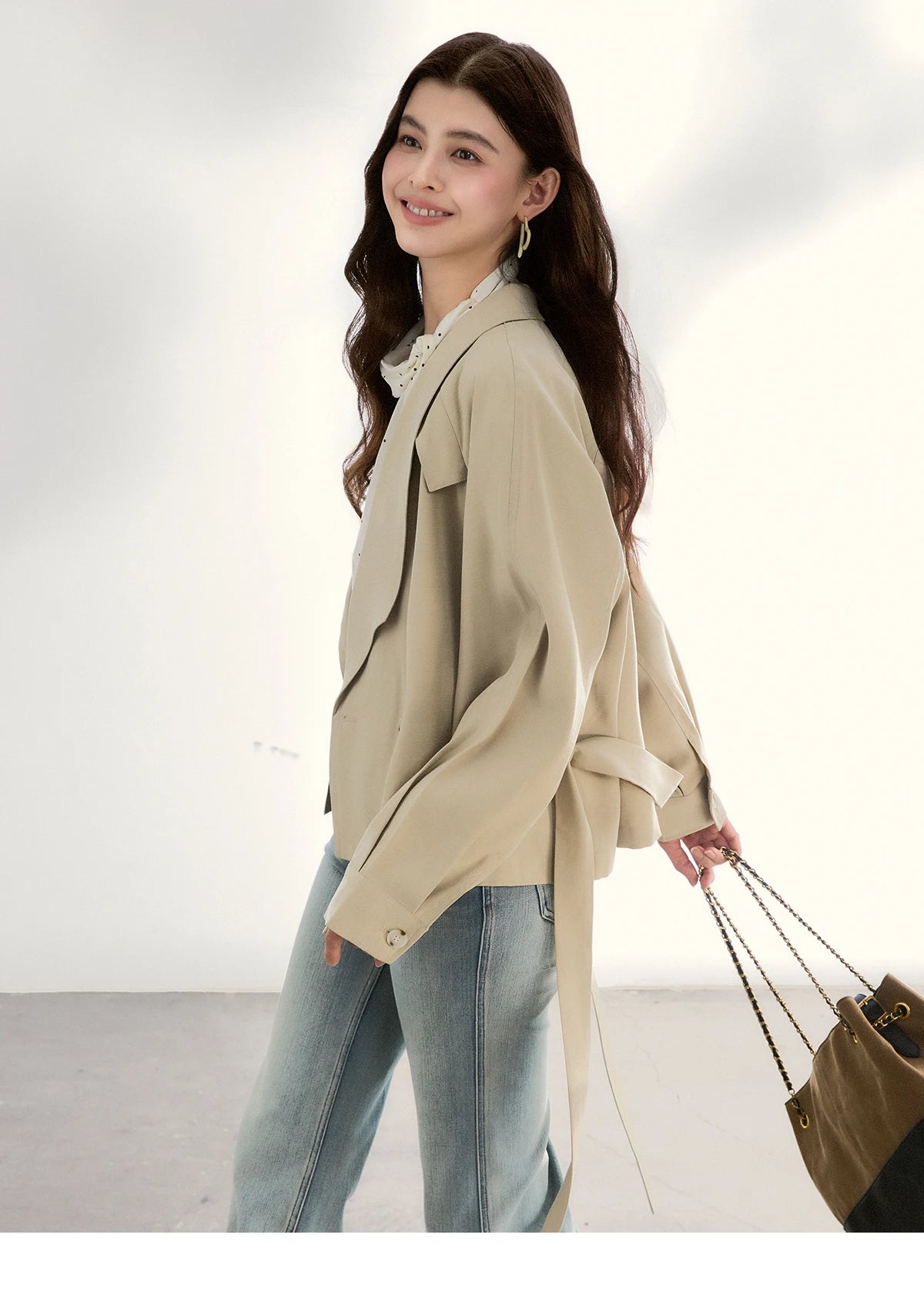 MISHOW Women's Khaki Belted Waist Coat 2026 Spring Lapel Double-breasted Coats female Casual Short Jacket Office Lady MXF13W1056