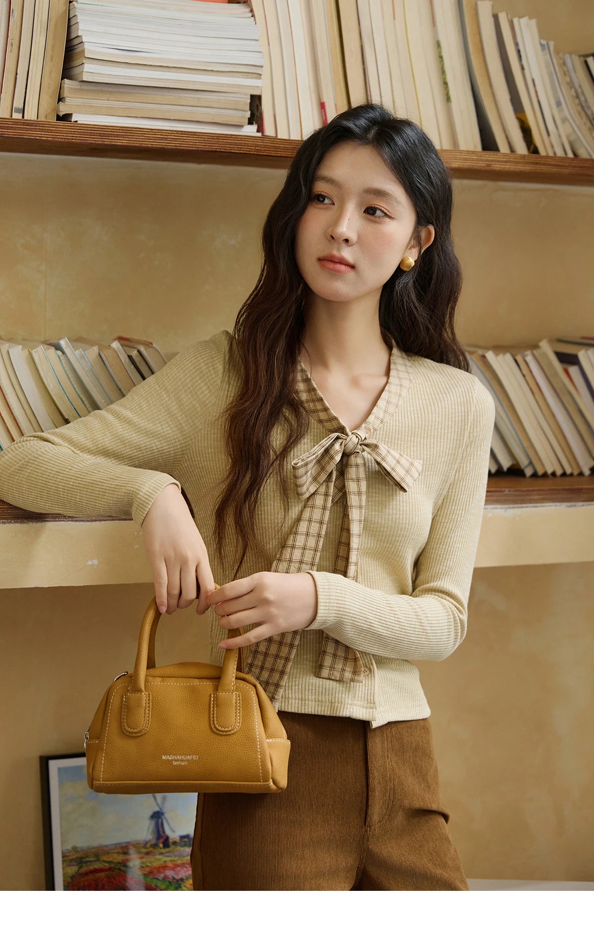 MISHOW Yellow Cardigan Women 2025 Autumn Vintage Plaid Bowknot V-neck Long-sleeve Knitted Top Commute Slim Sweater MXE16Z1168