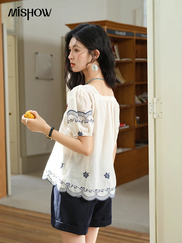 MISHOW Square Neck Puff Sleeve Women's Blouse 2025 Summer Fashion Flower Embroidery Hollow Out Blouse Female Clothing MXE39X1953