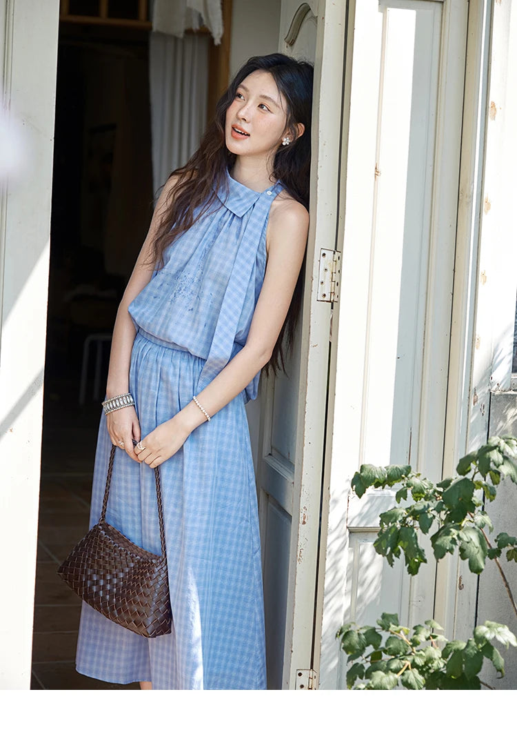 MISHOW Women's 2 Piece Set 2025 Summer Female Vacation Fashion Plaid Hanging Neck Button Top A-line Half Skirt Set MXE39T0711