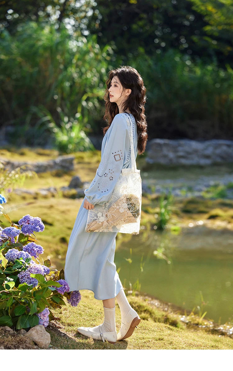 MISHOW French Hollow Lace Dress for Women 2025 Spring Vacation Slim Waist V-neck Dresses Loose Beach Fairy Dresses MXE12L2091