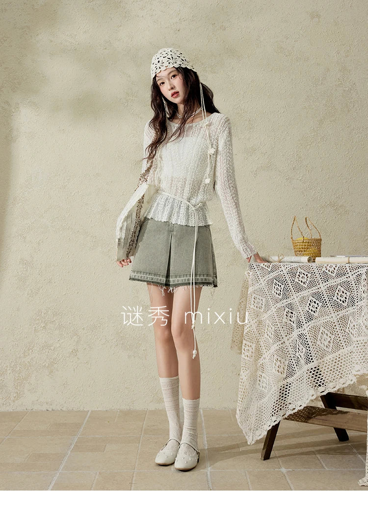 MISHOW Women 's Apricot White Hollow Knitted Sweater Spring 2025 Mohair Cover Drop Sleeve Top Strapless Slim Tube Top MXE12Z1120