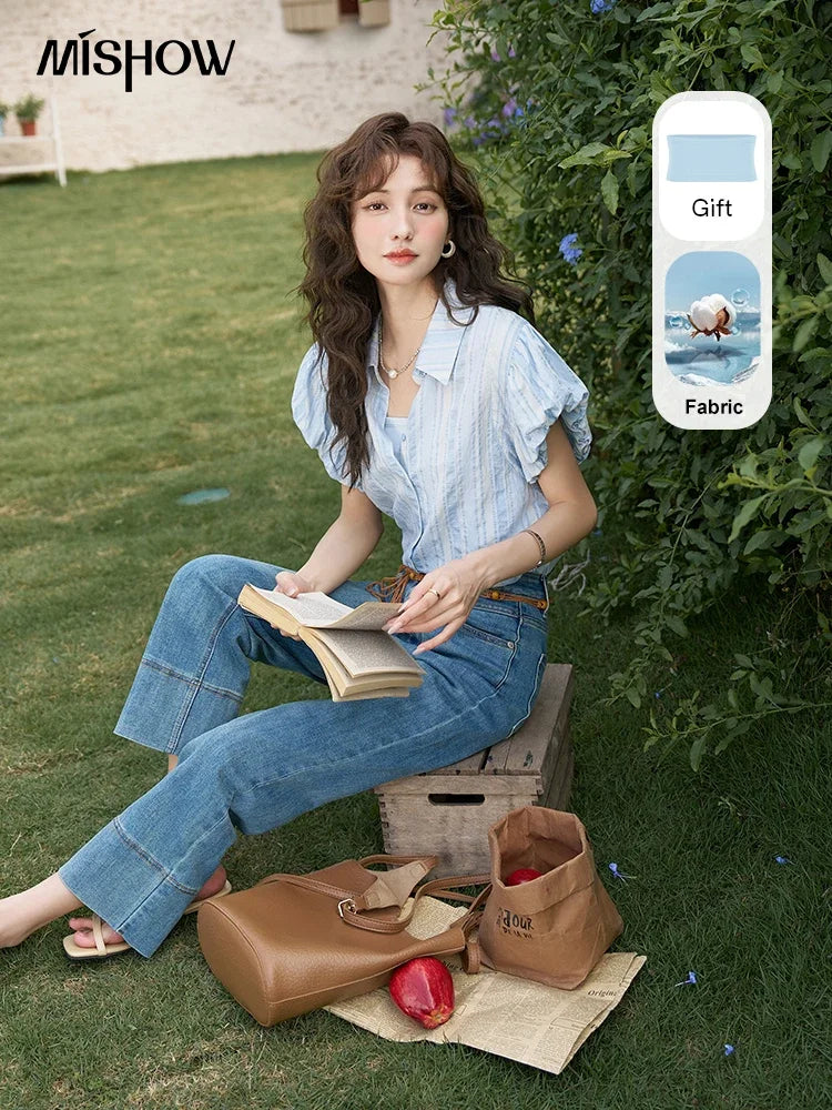 MISHOW Blue Striped Short Sleeve Shirt for Women Summer 2025 Bubble Flower Bud Sleeves Lapel Neck Shirt with Tube Top MXD24C0204