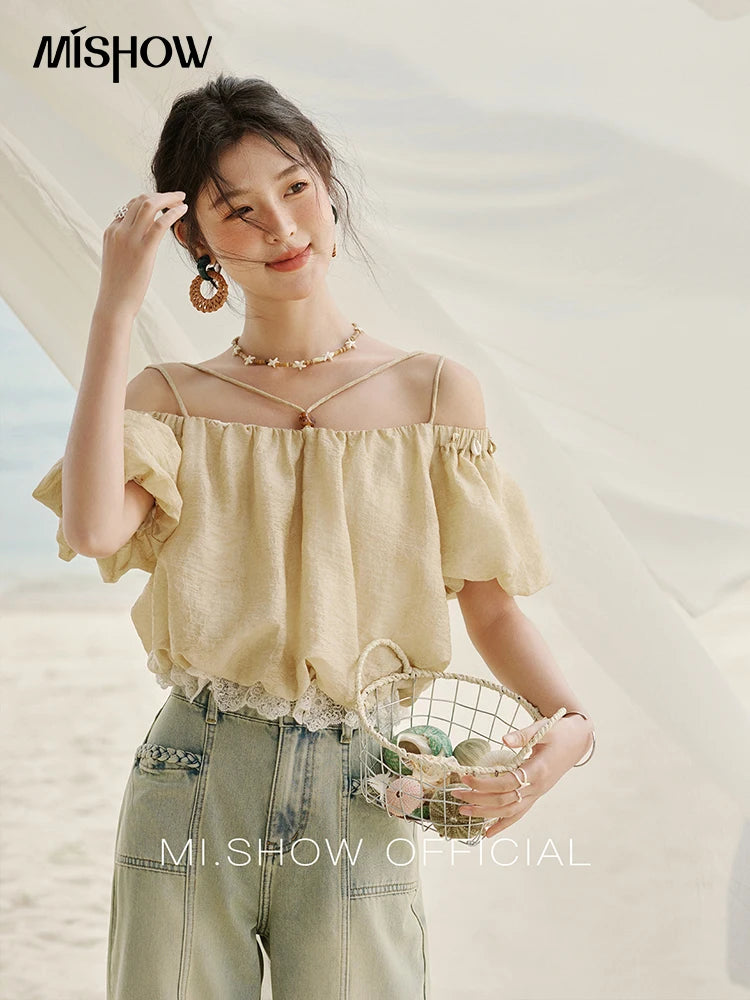 MISHOW French Summer Camisole Shirt Female 2025 New Solid Off-shoulder Short Sleeve Lace Tops Fashion Gentle Blouses MXE33X1755