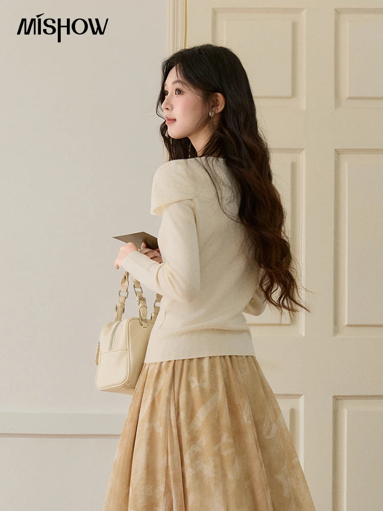 MISHOW Women's Beige Wool Blend Knit Sweater 2026 Spring Asymmetrical Collar Long Sleeve Top Slim Casual Thin Sweater MXF11Z2918