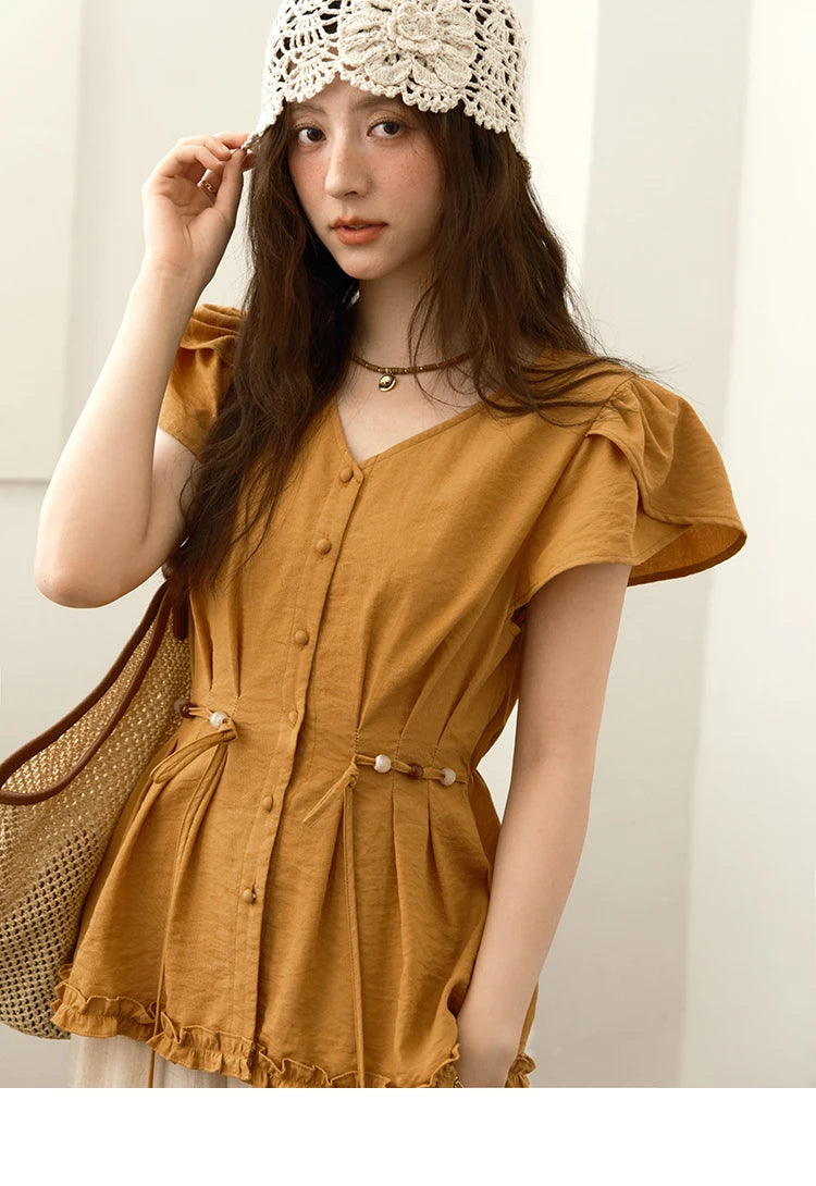 MISHOW Women's Petal Sleeve Slim Shirt 2025 Summer New V-neck Button Bead belt Black Fungus Edge Top Ladies Clothing MXE39X1881