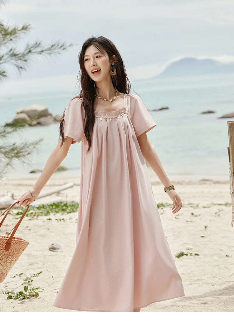 MISHOW Bohemian Pink Women‘s Summer Dresses Women 2025 Short Sleeve Square Collar with Belt Dress Lady New Fashion MXE33L2158