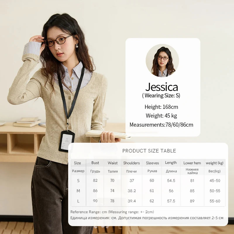 MISHOW Women's Fake Two Knitted Top 2025 Autumn Oat Shirt Collar Splicing Striped Cuffs Thin Sweaters Office Lady MXE46Z2535