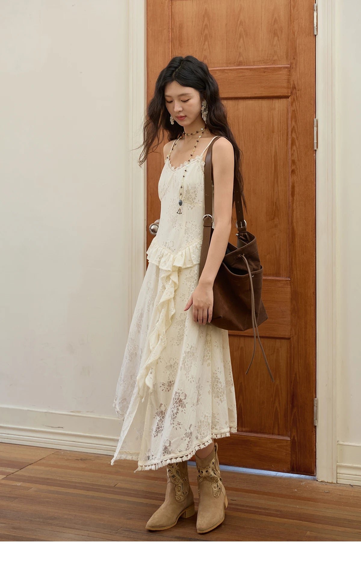 MISHOW Bohemian Apricot Lace Camisole Inner Dress Autumn Irregular Ruffle Tassel Hem Dresses Front Side Fork Dress MXE43L2449