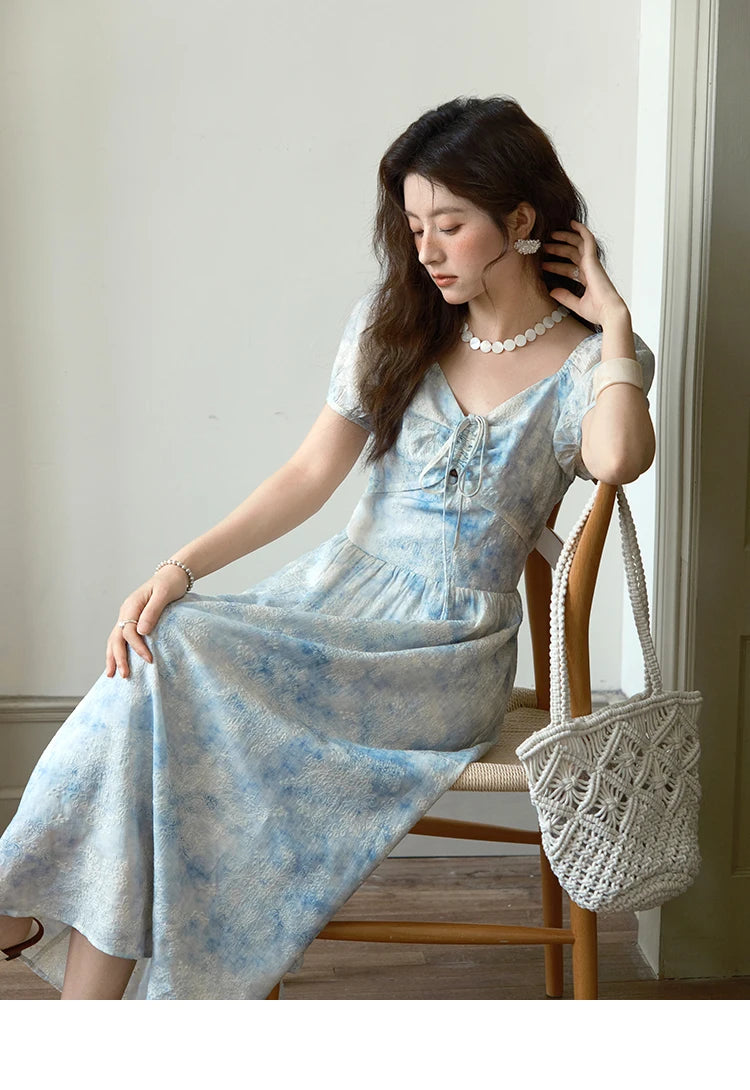 MISHOW Women's Fashion V-neck Lace Up French Dress 2025 Summer Puff Sleeve Embroidery Flower Dress Female Clothing MXE38L2379