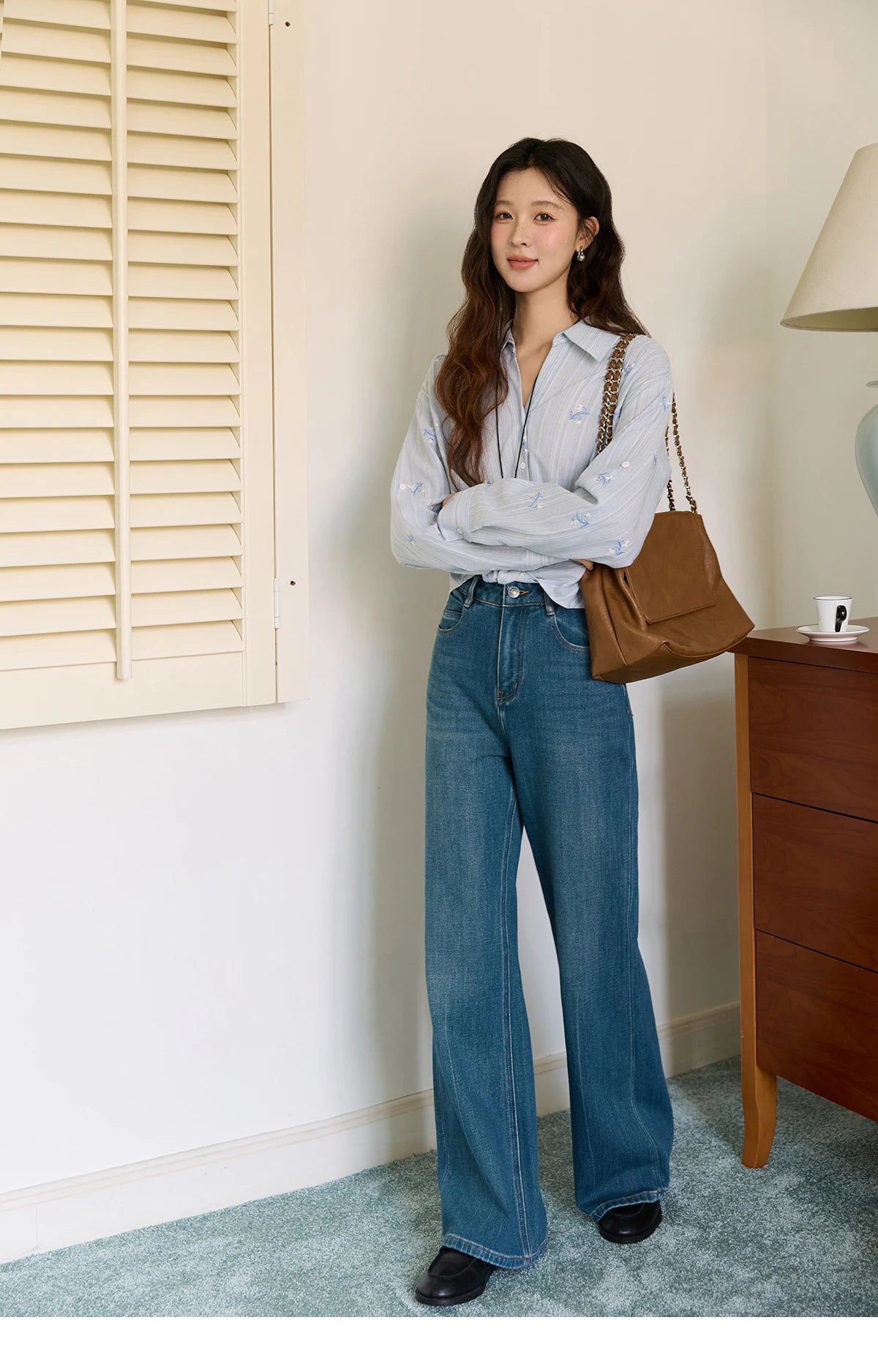 MISHOW Long Sleeve Shirts for Woman 2025 Autumn Retro Blue Single-breasted Blouse Floral Embroidery Casual Tops MXE45X2495