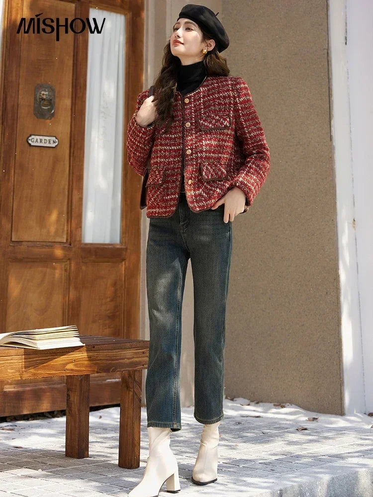 MISHOW Tweed Jacket for Women Luxury 2025 Winter Wool Blend Thick Coat High Quality Fashion Crew Neck Outerwear Top MXC57Y0021