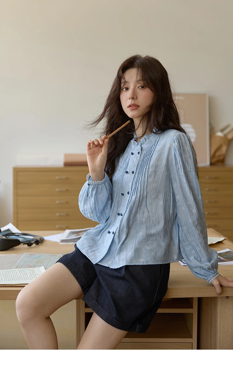 MISHOW Women's Shirt 2025 Autumn Blue Polka Dot Chiffon Loose Shirt Stand Collar Double Row Buckle Lantern Sleeve Top MXE41X1926