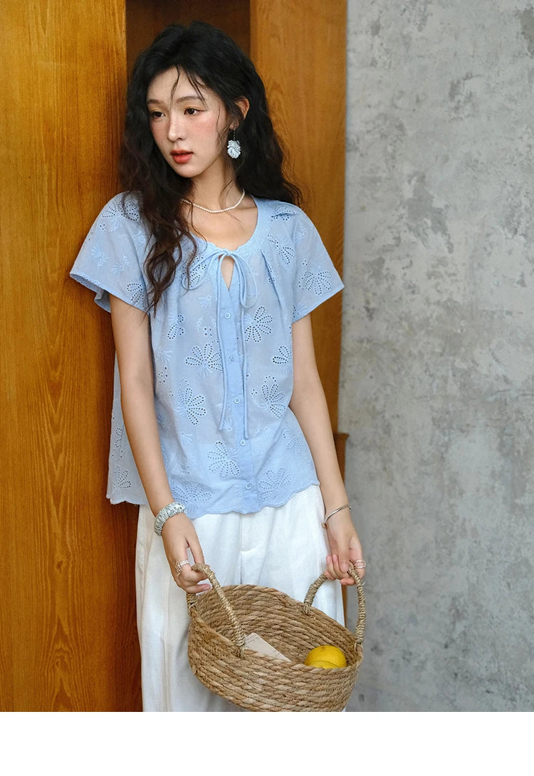 MISHOW Cotton Shirt O-Neck Button Lace Up Hollow Embroidery MXE37X1890