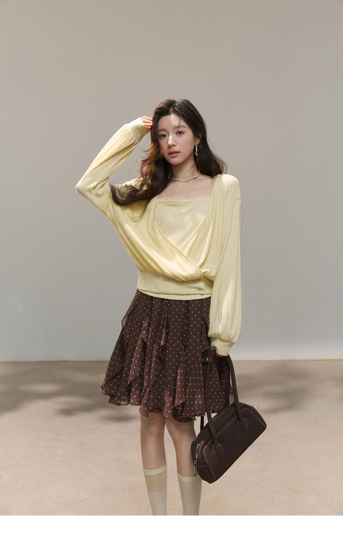 MISHOW Women's Lemon Yellow Two-Piece Set Spring Knitted Lantern Sleeve Pullover Tops Strap Lace Edge Camisole Set MXF13T1513