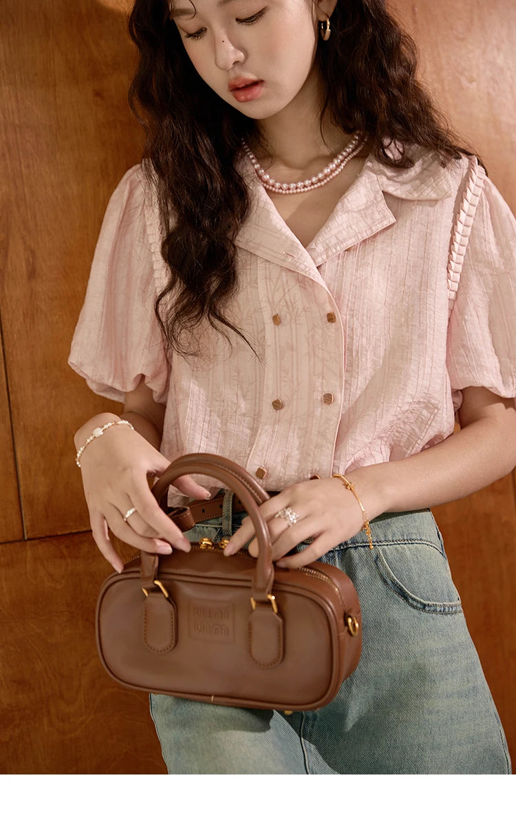 MISHOW Retro Pink Short Sleeved Shirt 2024 Summer V-neck Folded Ruffled Edge Top Elastic Cuffs Lapel Neck Blouses MXD29C0273