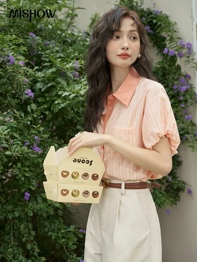 MISHOW Women's Hong Kong Retro Pink Striped Shirt 2024 Summer Short Sleeve Bubble Sleeve Single Breasted Lapel Top MXD28C0250