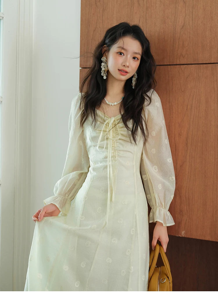 MISHOW Women's Cashew Flower Embroidered Dress 2025 Autumn V-neck Drawstring Long Sleeves Ladies Elegant Slim Dresses MXE41L2387