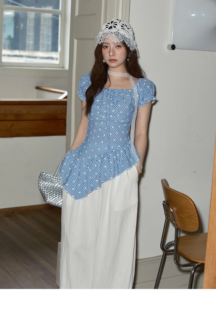 MISHOW Plaid Print Puff Sleeve Top for Women 2025 Summer Slim Square Neck Lace Up Asymmetrical Blouse Ladies Clothing MXE39X1930