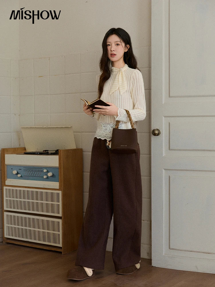 MISHOW French Lace-up Bottom Tops Women Autumn Winter 2025 Korean Vertical Stripe Knitted Top Thickened Interior Tops MXE92Z2797