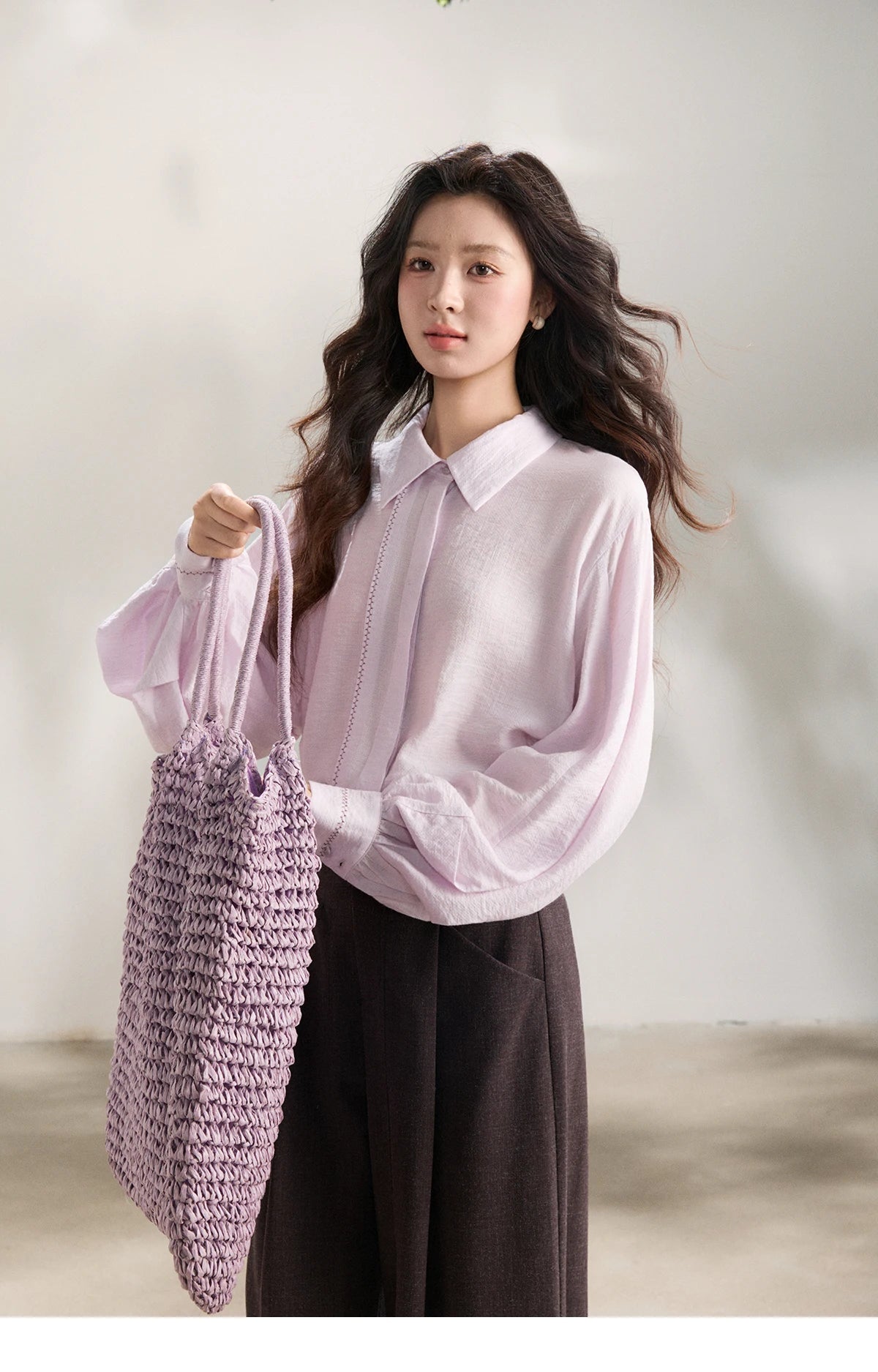 MISHOW Women's Lapel Lantern Sleeve Shirts 2026 Spring Lace Trim Casual Loose Breathable Solid Shirt Office Lady MXF13C2436