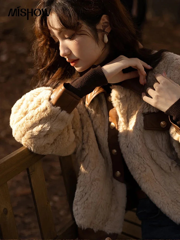 MISHOW Women's Lamb Wool Coat 2022 Winter Single Breasted Leather Turn-down Collar Thickened Warm Outwear Office Lady MXB43W0490