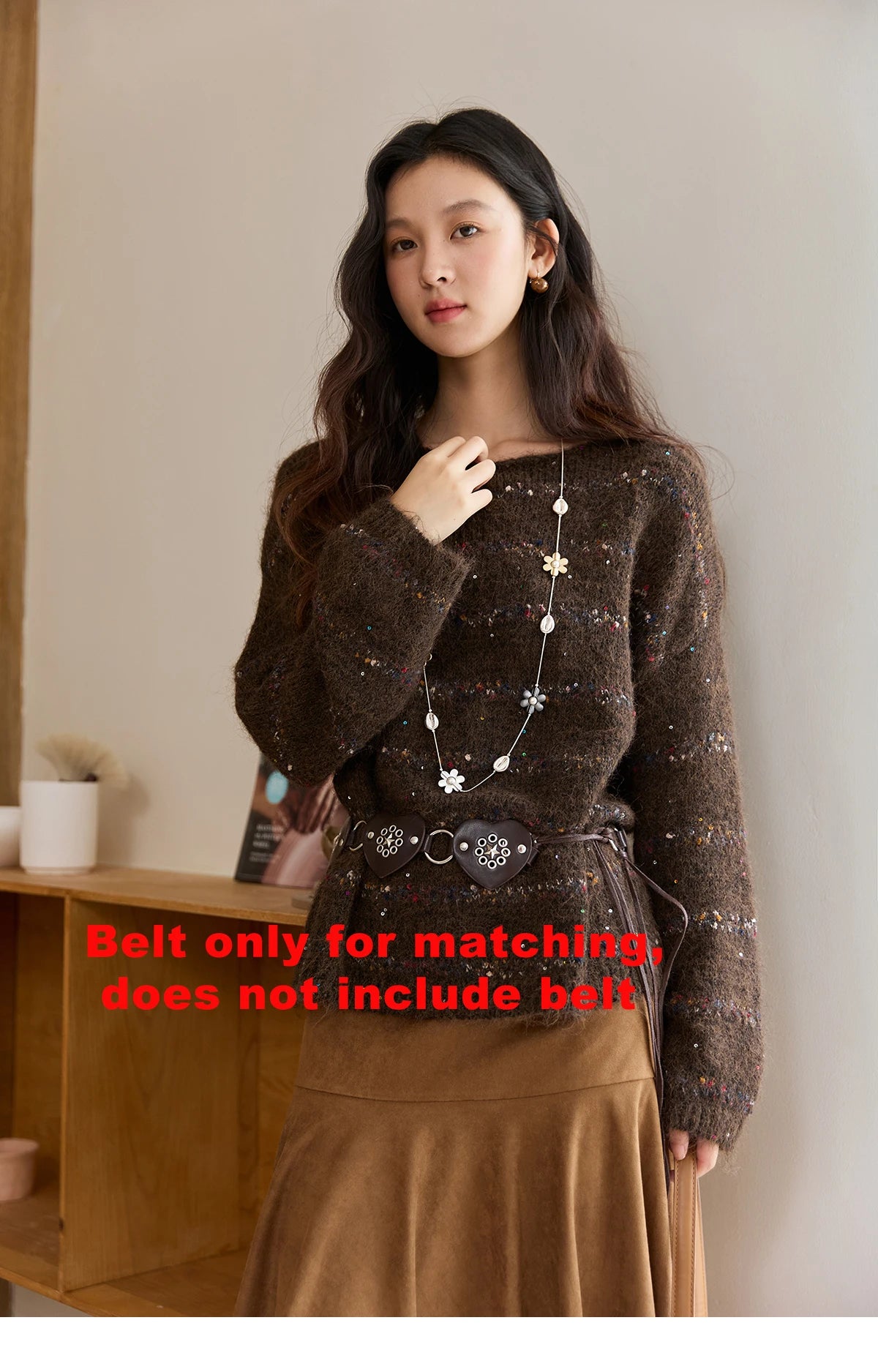 MISHOW Brown Chrysanthemum Yarn Sweaters Women Beltless 2025 Autumn Wool Blend Loose Round Neck Retro Knitted Tops MXE47Z2574