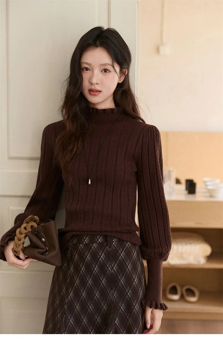 MISHOW Women's Half Turtleneck Ruffle Trim Lantern Sleeve Bottoming Tops 2025 Winter Vertical Rib Slim Knitted Top MXE93Z2810