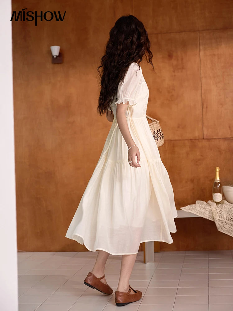 MISHOW Women's French Hollowed Out Embroidery Dress 2024 Summer Elegant Slim Fairycore Dress Waist Mid Length Dresses MXD31L1981