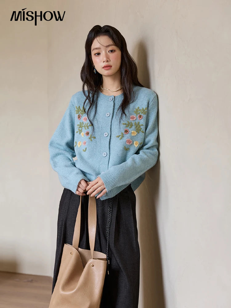 MISHOW Blue Floral Embroidered Cardigan for Women 2025 Autumn Winter New Loose Crew Neck Long Sleeves Sweater Wool MXE51Z2695