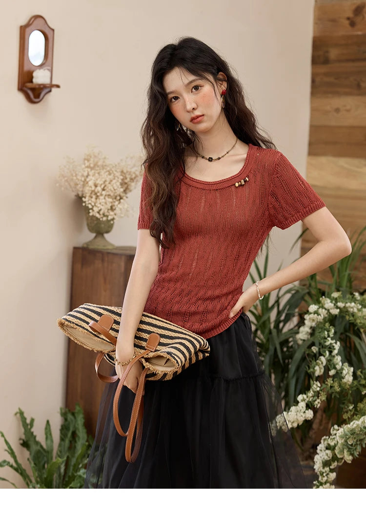 MISHOW Retro Red Hollow Thin Knitted Sweater Shirt for Women 2025 Summer Beads Short Sleeves Knitted Breathable Top MXE35Z1271