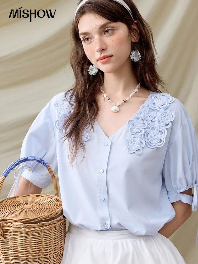 MISHOW French New Shirts Women Summer 2025 Solid Short Sleeve V-neck Embroidered Loose Blouses Female Loose Versatile MXE31X1774