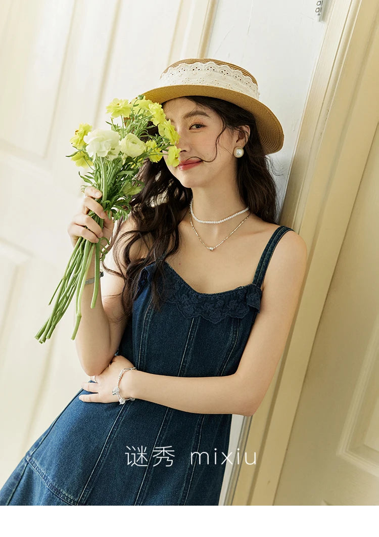 MISHOW Denim Camisole Dress Hollowed Out Cardigan Separately Spring Knitted Cardigan Lace Edge Waist Dress(Not A Set) MXE13L2094