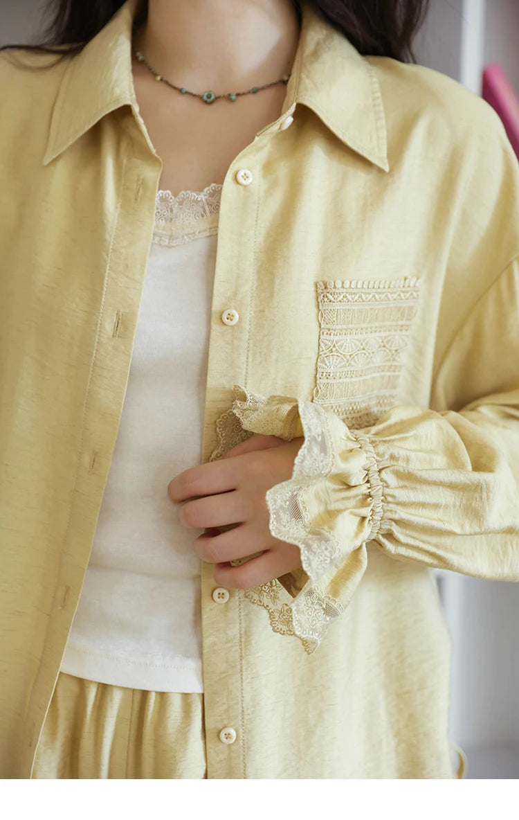 MISHOW Yellow Linen Three Piece Solid Splicing Lace Shirt Camisole Elastic Waist Shorts Vintage Hollowed Out Lace Set MXE42T0718