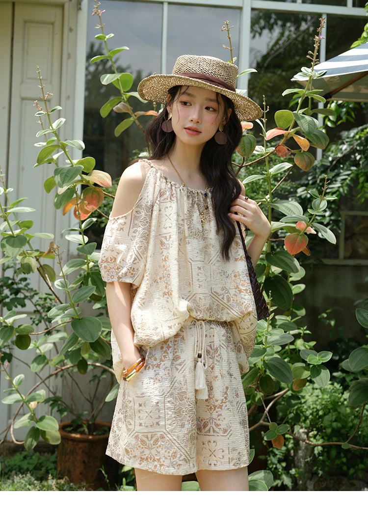 MISHOW Women's Two Piece Set 2025 Summer New Casual Bohemian Print Top Beaded Tassel Drawstring Pocket Shorts Set MXE39T0723