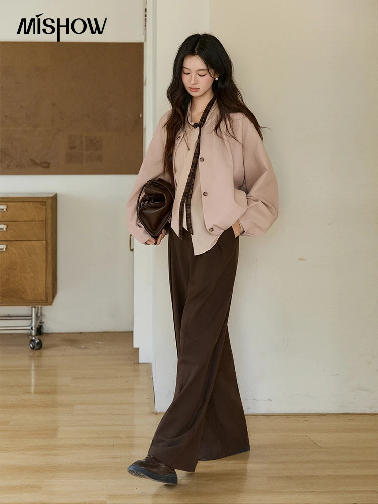 MISHOW Women's Dusty Pink Shirts Spring Plaid Tie Neck Loose Casual Shirt 100 Lyocell Lantern Sleeve Top Office Lady MXF108C0817