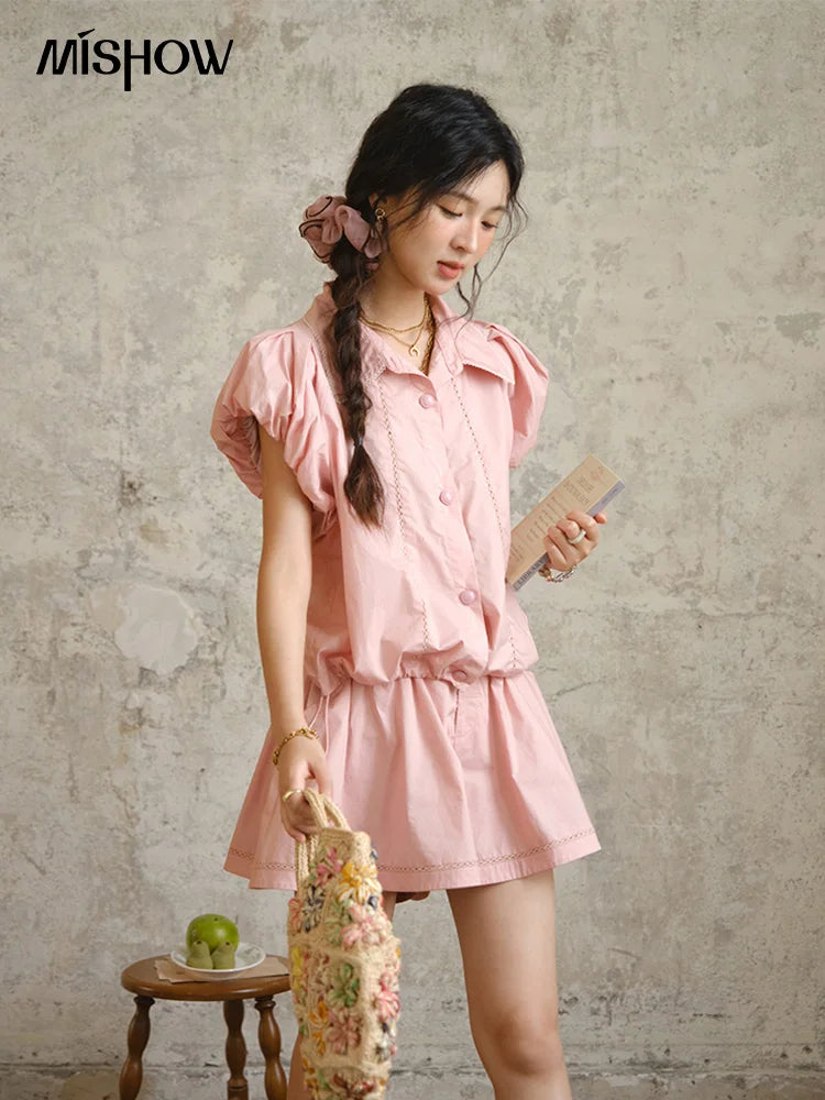 MISHOW 2 Pieces Set for Woman 2025 Summer New Loose Sweet Short Sleeve Button Shirt Casual Shorts Set Ladies Clothing MXE34T0591