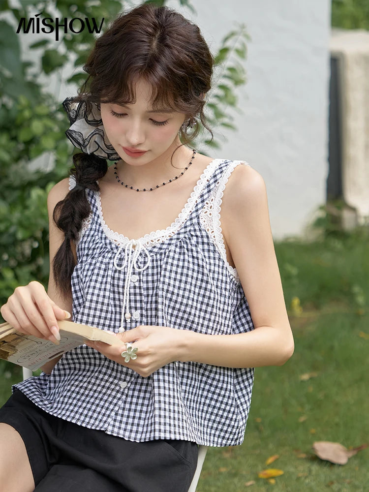 MISHOW French Sweet Lace Plaid Suspender Vest Women 2025 Summer Loose Fit U Neck Lace-up Blouses Sleeveless Doll Top MXD26X1567