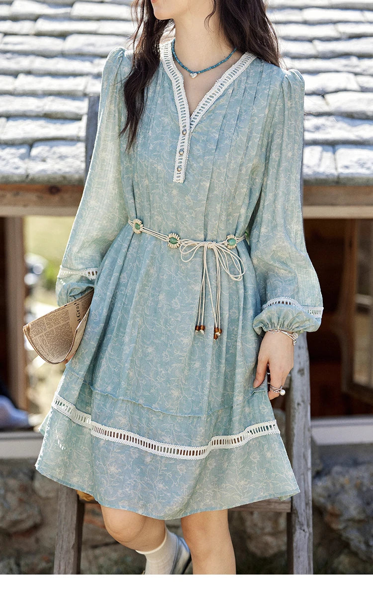 MISHOW Chiffon Printed Dress for Women Spring 2025 French V-neck Hollowed Out Lace Patchwork Medium Length Dresses MXE12L2096