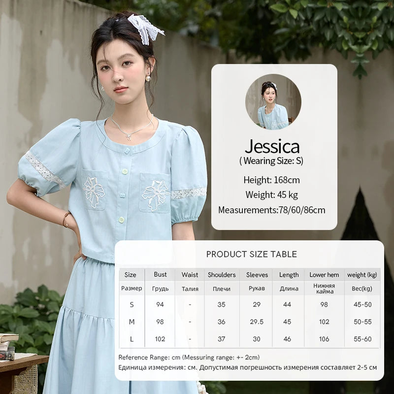 MISHOW Blue Pocket Patchwork Lace Shirt Elastic Waist Skirt Separately 2024 Summer Korean Round Neck Top Sweet Skirts MPD22B0450