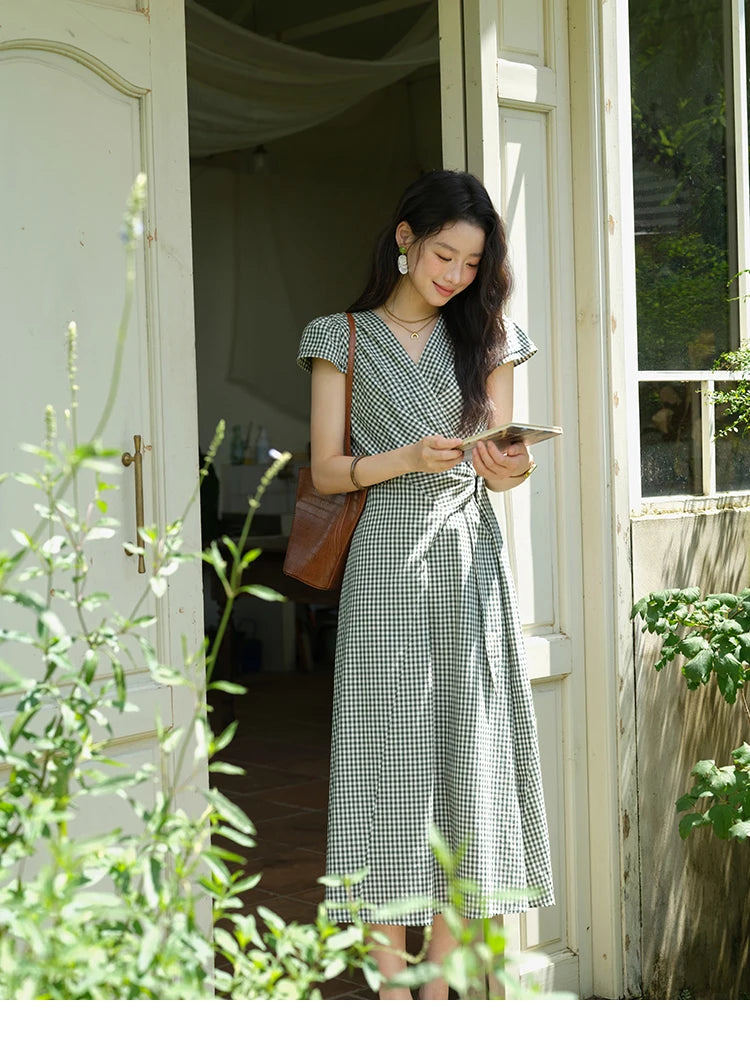 MISHOW Women's Fashion V-neck Dress 2025 Summer Office Lady Plaid Waist Cinched Sashes Short Sleeve Female Dresses MXE39L2410