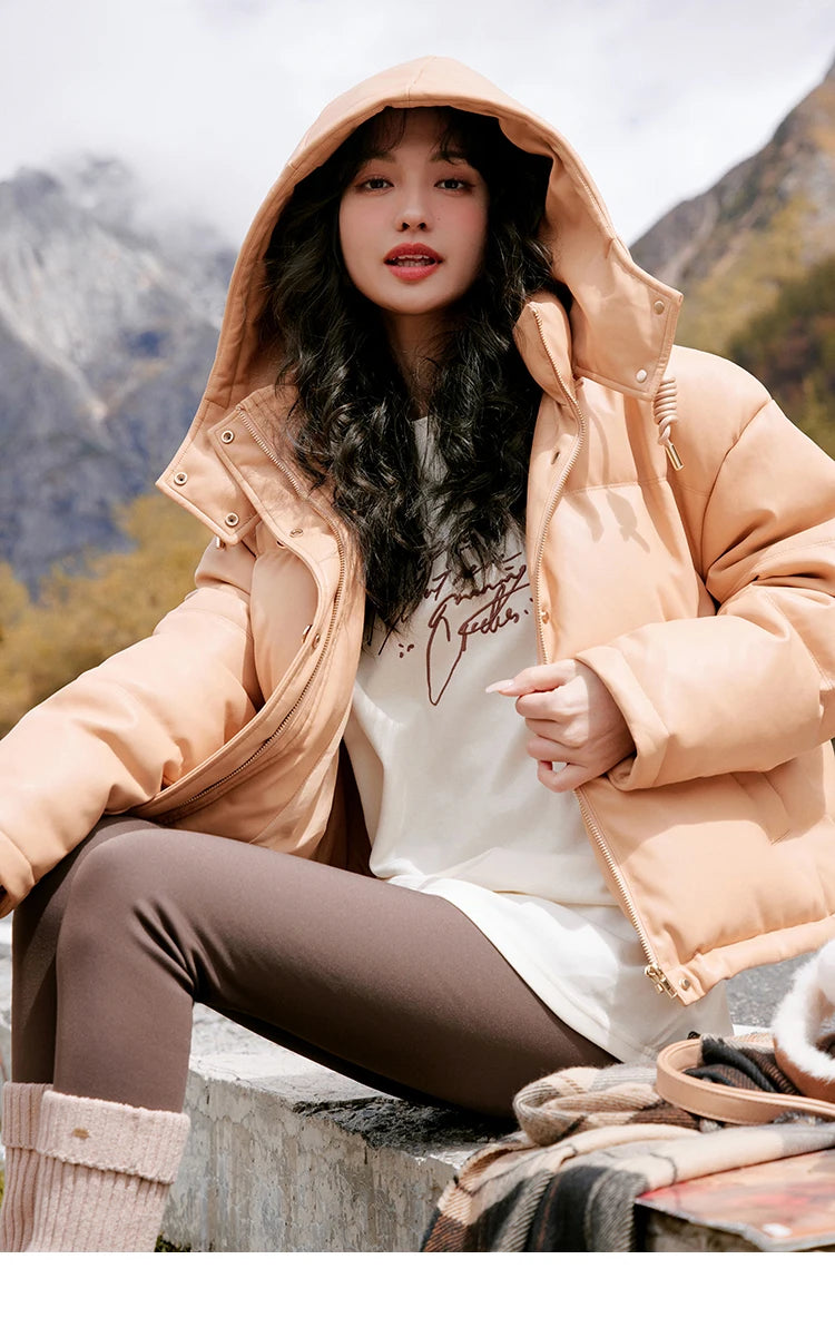 MISHOW Women's Winter Down Jacket 2023 Hooded Short White Duck Down Coats Imitation Protein Leather Puffer Jackets MXC52Y0008