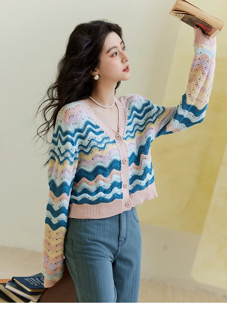 MISHOW Color Stripe Knitted Cardigan Women 2025 Spring V-neck Long Sleeve Loose Cardigans Woman Fashion Office Lady MXE16Z1203