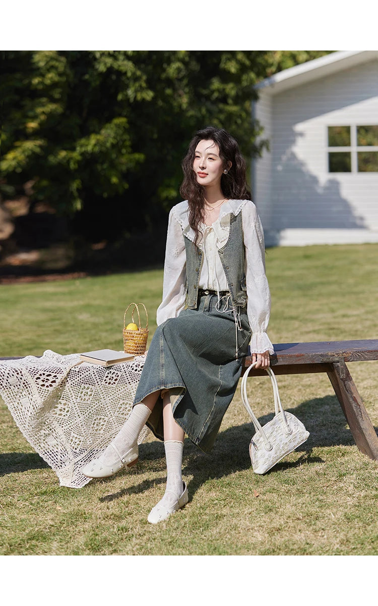 MISHOW Denim Vest Coat Midi Skirt Separately for Women Spring 2025 Korean Retro Washed Cotton Coat Slim A-line Skirt MXE13W0731