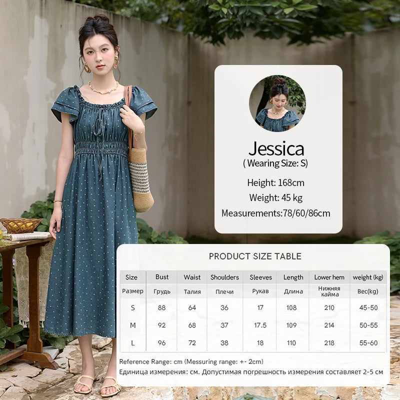 MISHOW Lace Up Flying Sleeve Polka Dot Dress Summer 2024 High Waist Pleated Long Dresses Square Neck Denim Dress MXD30L2022