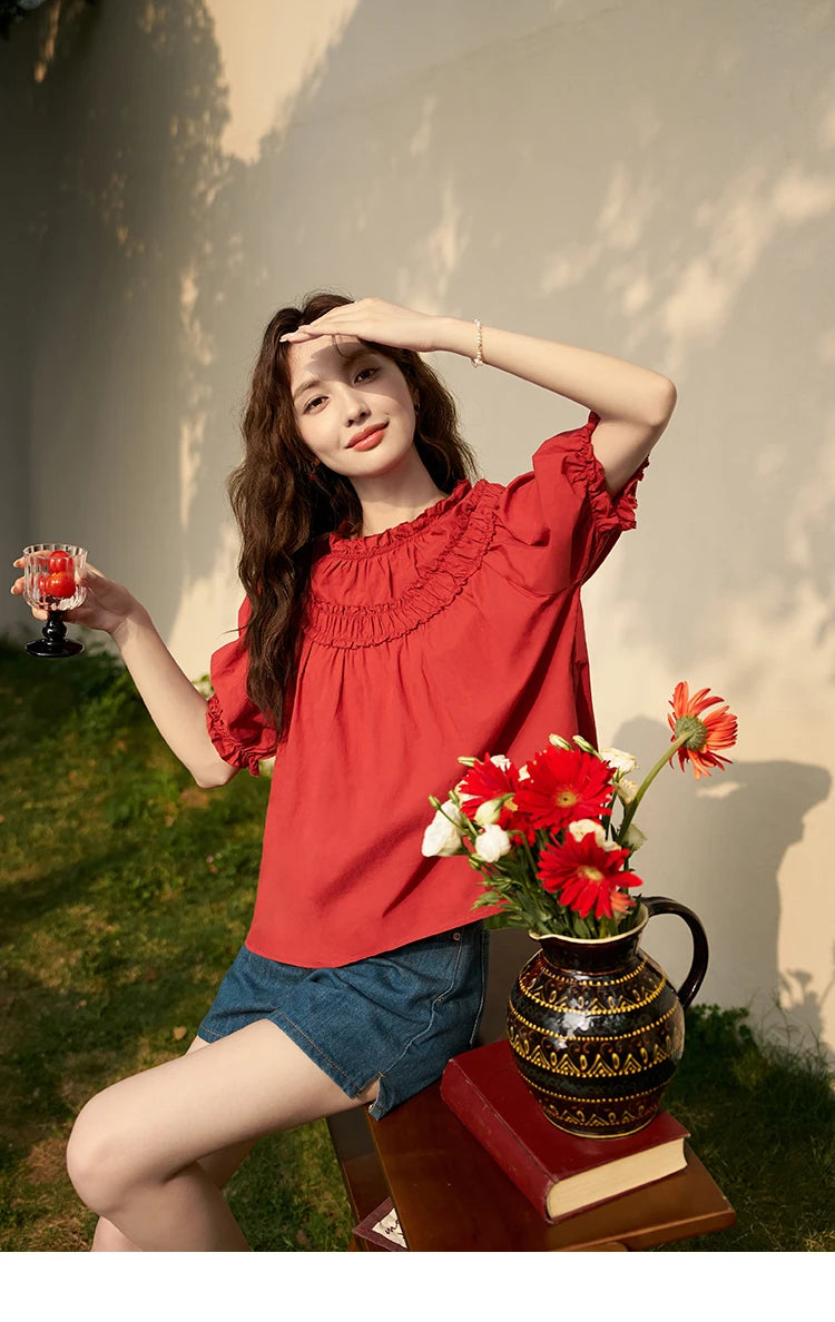 MISHOW French Cotton Bubble Sleeve Blouse Lace Collar MXD23X1500
