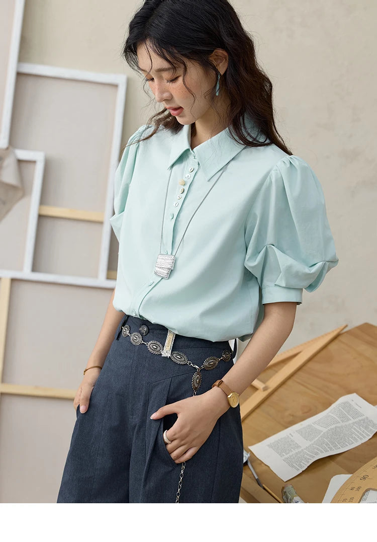 MISHOW Light Green Bubble Sleeve Shirt for Women Summer 2025 Lapel Collar Irregular Button Shirts Cotton Commuter Top MXE34C0788