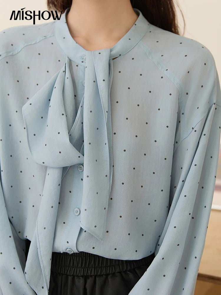 MISHOW Women's Casual Shirt 2025 Autumn French Vintage Blue Polka Dot Shirt Bow Collar Long-sleeve Top Women's Clothe MXE45X2475